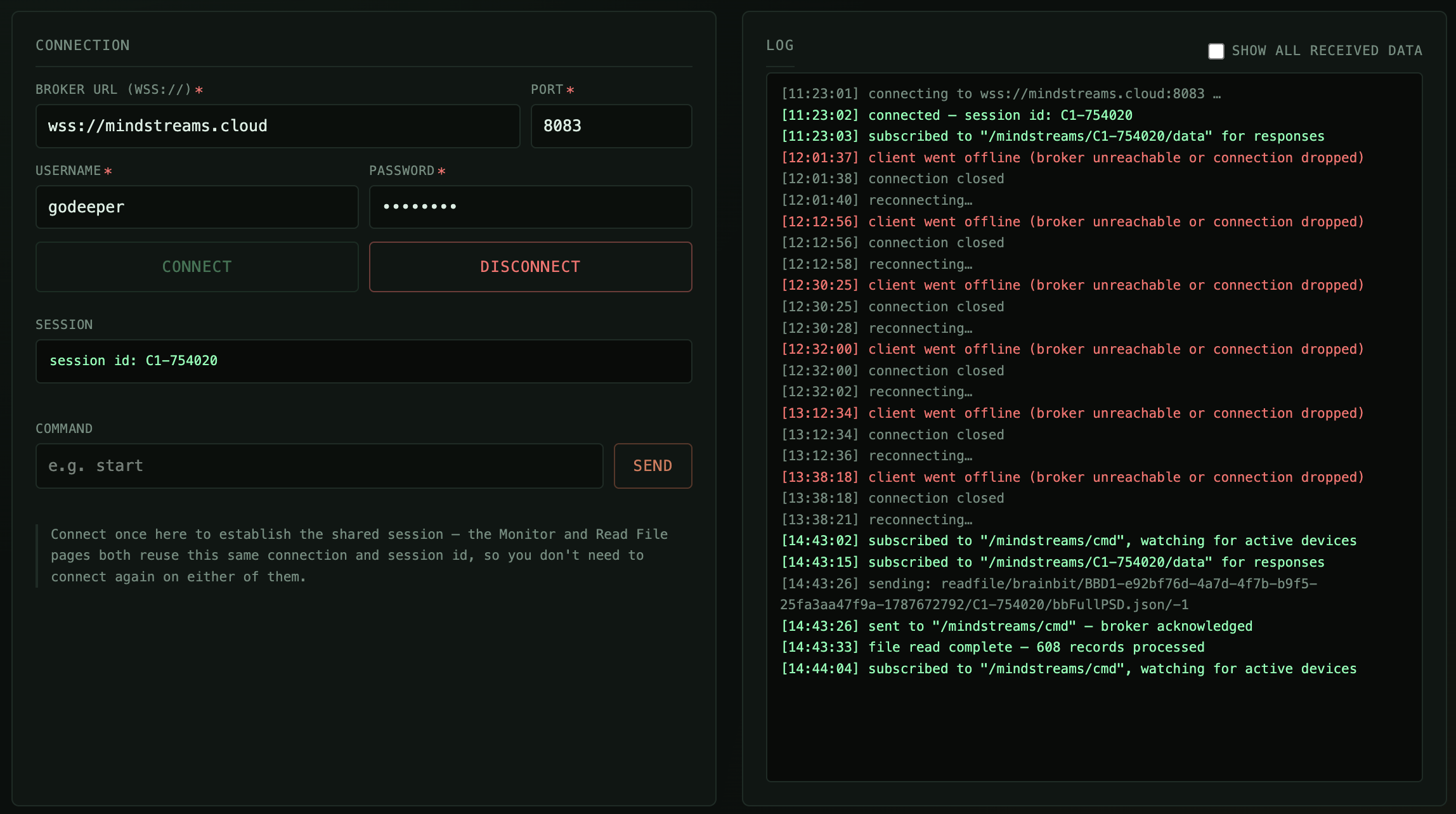 Connecting a device to the Mindstreams real-time streaming broker over a secure WebSocket session